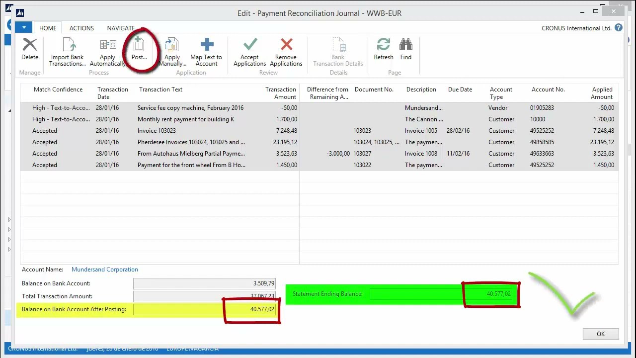 Dynamics NAV 2015 -  How Do I Reconcile Bank Payments in the Reconciliation Journal