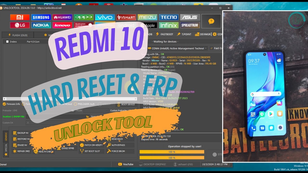 Redmi 10 hard reset and frp bypass unlock tool