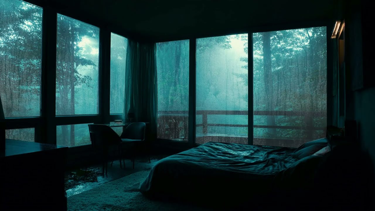 Rain on Window in a Forest Bedroom - Heavy Rainstorm Ambience for Sleeping and Focus Work