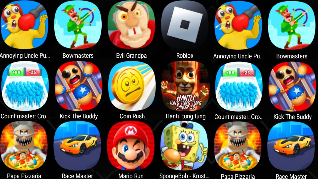 Bowmasters,SpongeBob Krusty,Mario Run,Hantu Brainrot Sahur 3D,Kick The Buddy,Evil Grandpa,Roblox....