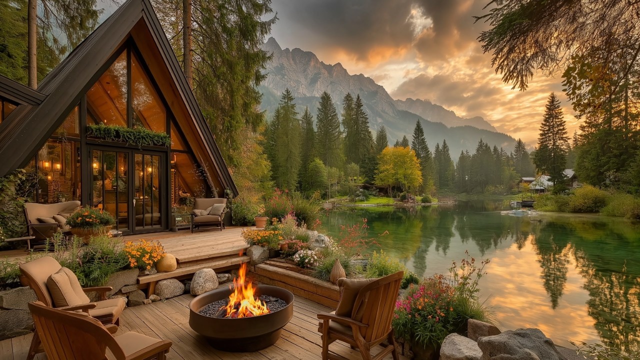 Cozy Tranquil Spring Lakeside Ambience 🌸 Soft Firepit , Birds Singing &  Nature Sounds