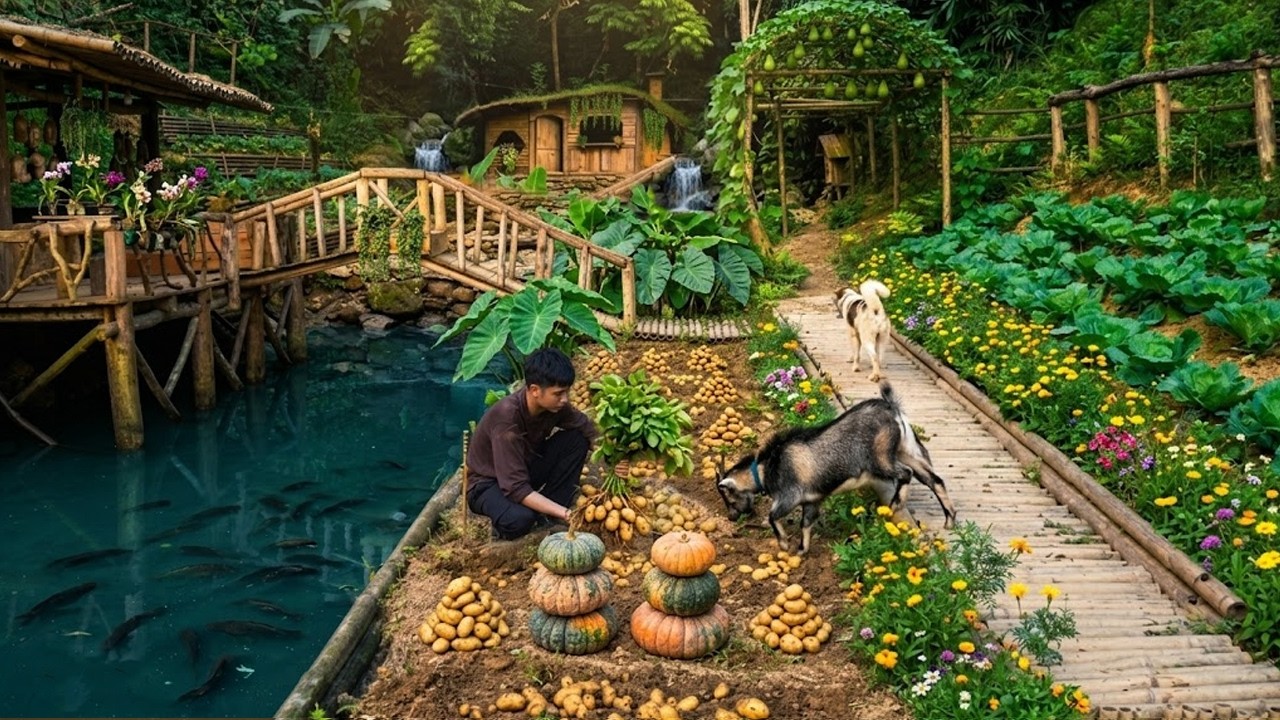 Full Video: Harvesting Vegetables & Preparing to Build a 2-Story Bushcraft House by the Waterfall