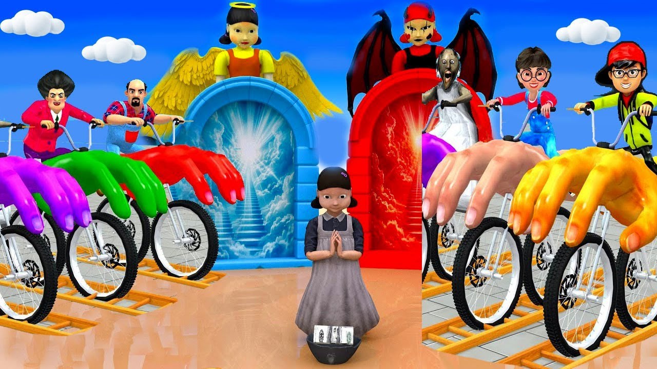 Scary Teacher 3d vs Squid Game Giant Hand Motorbike Climb Wooden Ladder Finish Line 5 Time Challenge