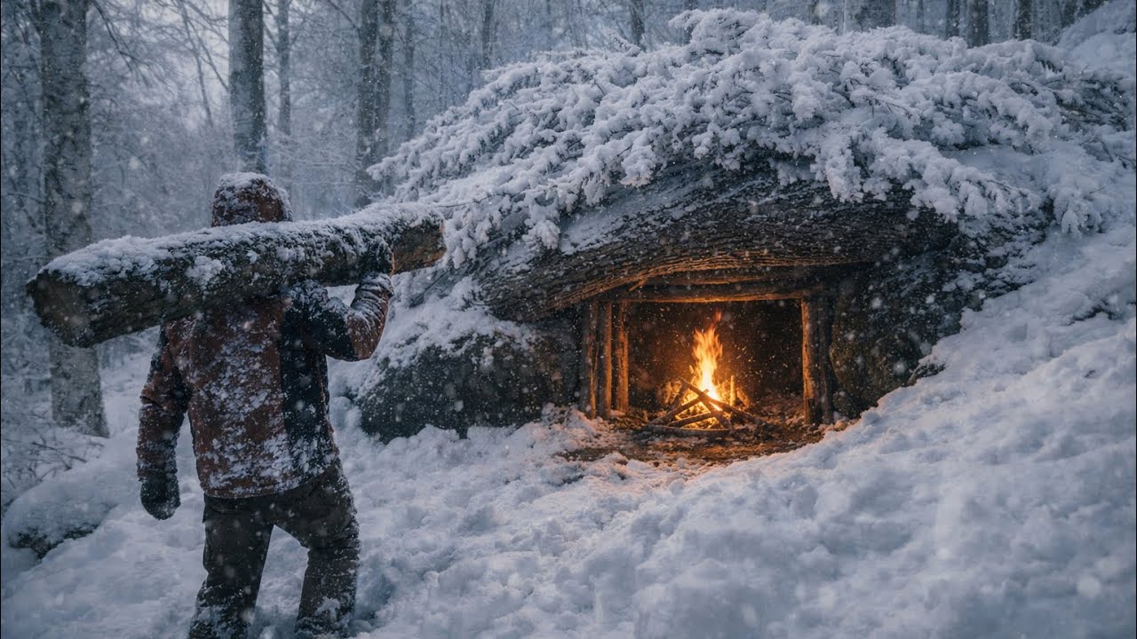 2 Days Bushcraft in a snowstorm : How I Built a Shelter under a Tree Trunk to Survive