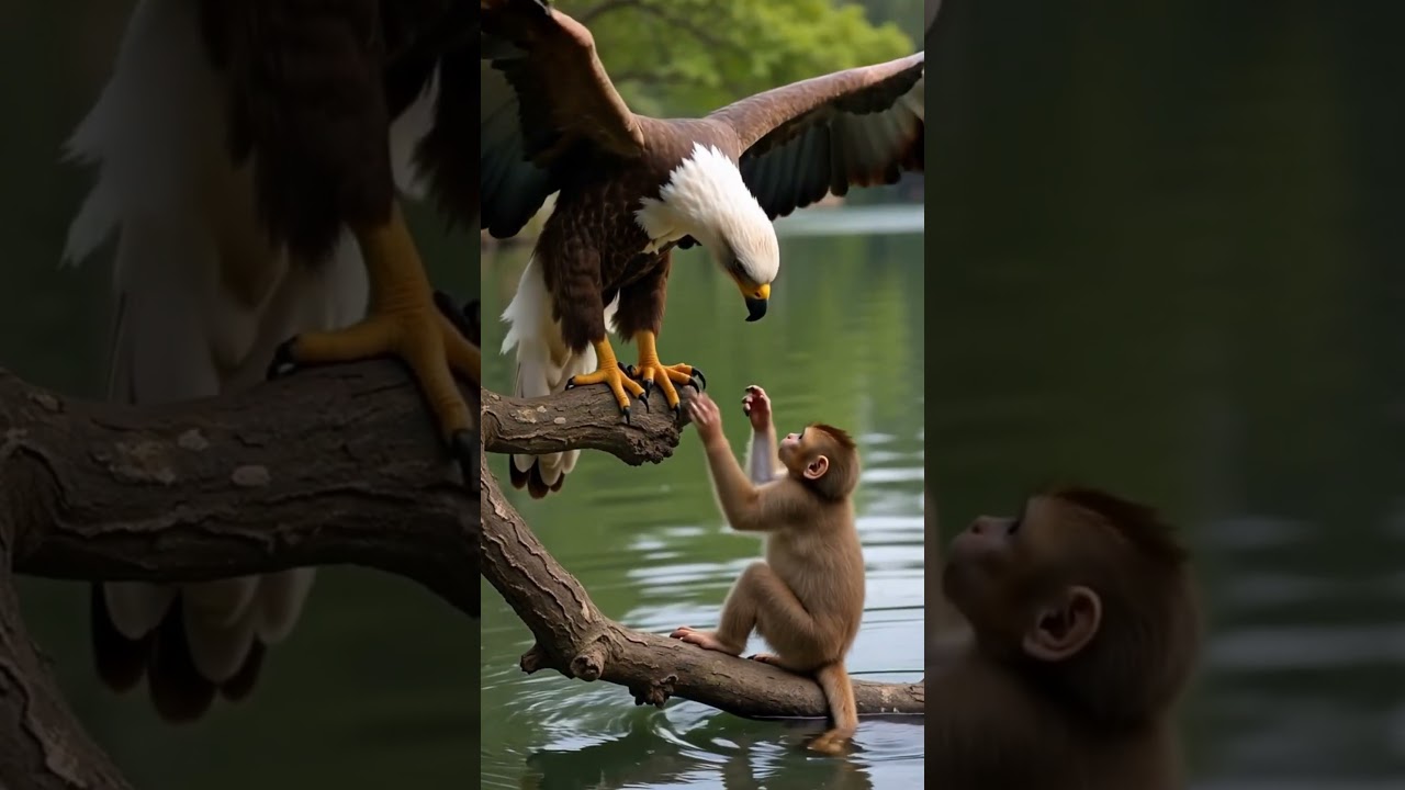 Baby Monkey Dares to Play with a Giant Eagle on a Tree Over Water!