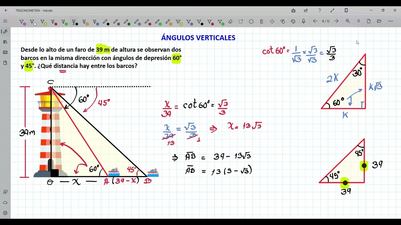 Ángulos Verticales - Elevación y Depresión - Ejercicios Resueltos - Trigonometría Básico