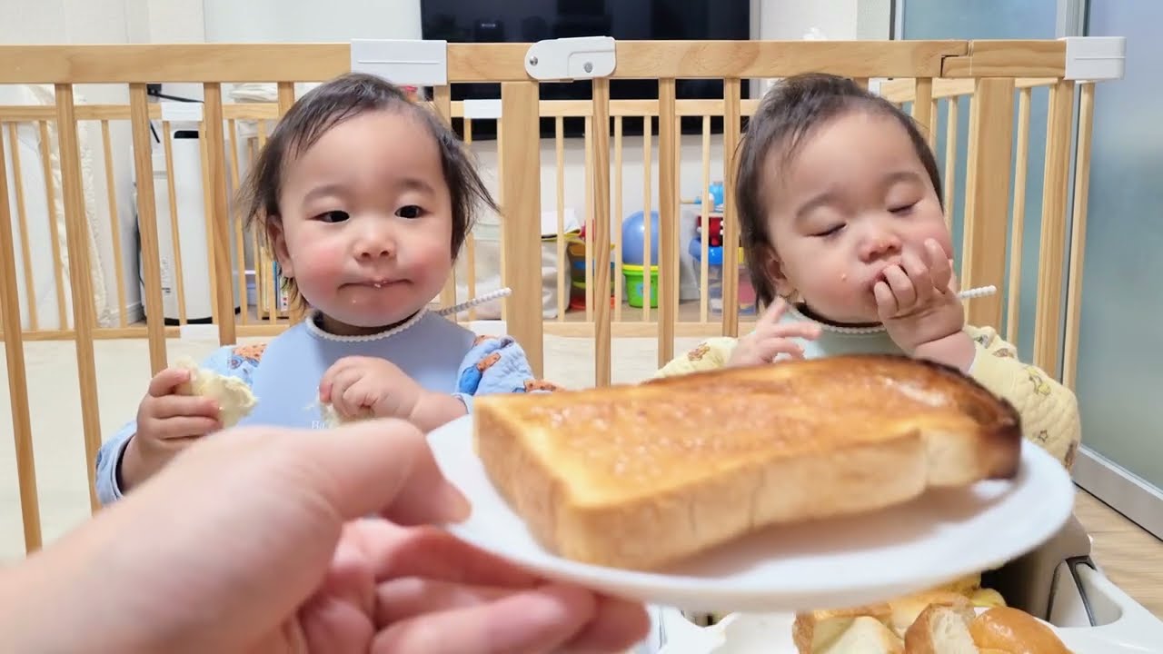 パパと一緒に朝ごはんのパンをもりもり食べる双子
