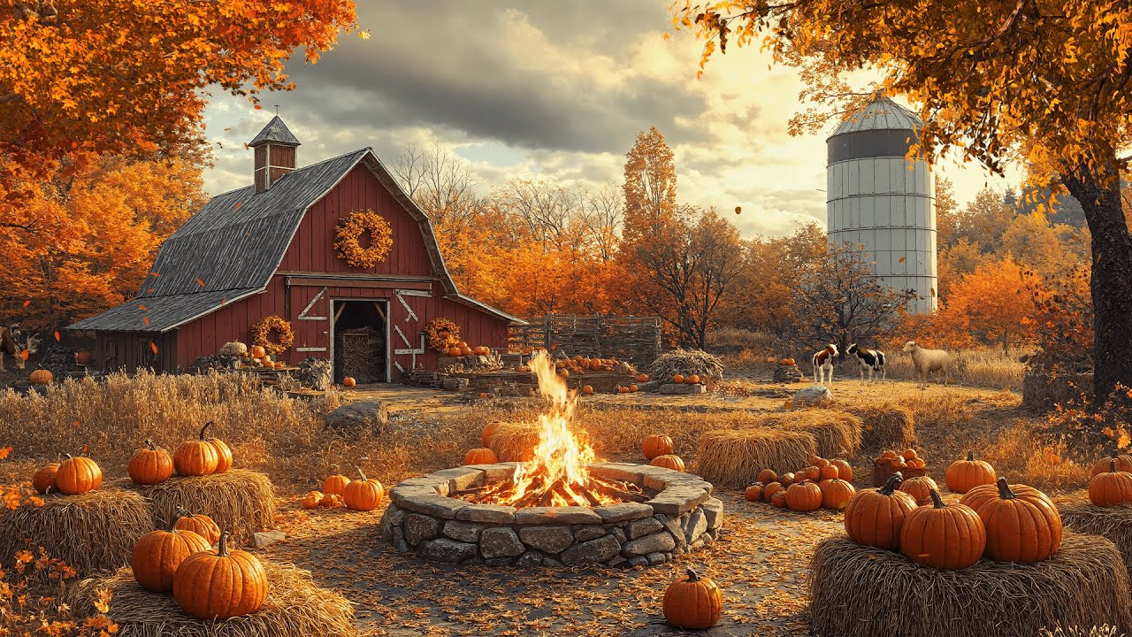 Cozy Pumpkin Farm Autumn Ambience With Cozy Crackling Fire Sounds, Crickets, Crunchy Leaves