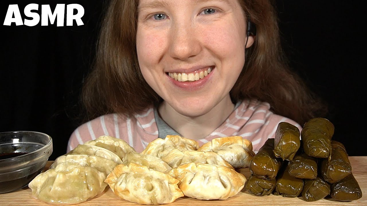 ASMR DUMPLINGS & GRAPE LEAVES MUKBANG (No Talking) EATING SOUNDS
