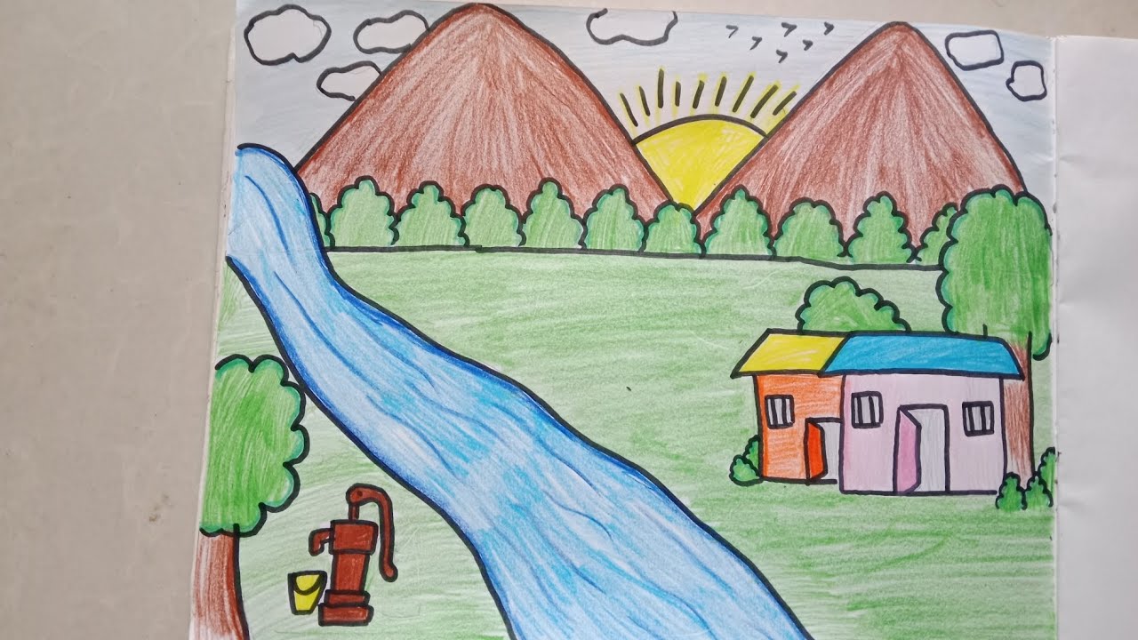 Beautiful Easy Scenery drawing 😍 #youtube #viral 