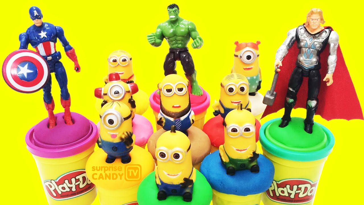Captain American & Hulk, Thor Superheroes look Minions in PlayDoh Surprise Box Learn colors for Kids
