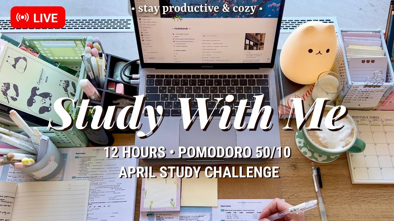 Study With Me LIVE ✍️ 12 hr Challenge | 50/10 Pomodoro | Fireplace Sound for Focus