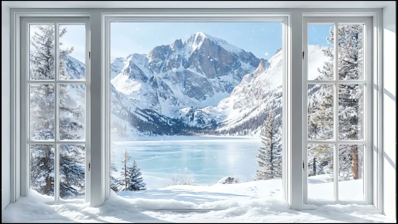 4K (No Sound) Banff Canada Winter Window Snow Scene Background
