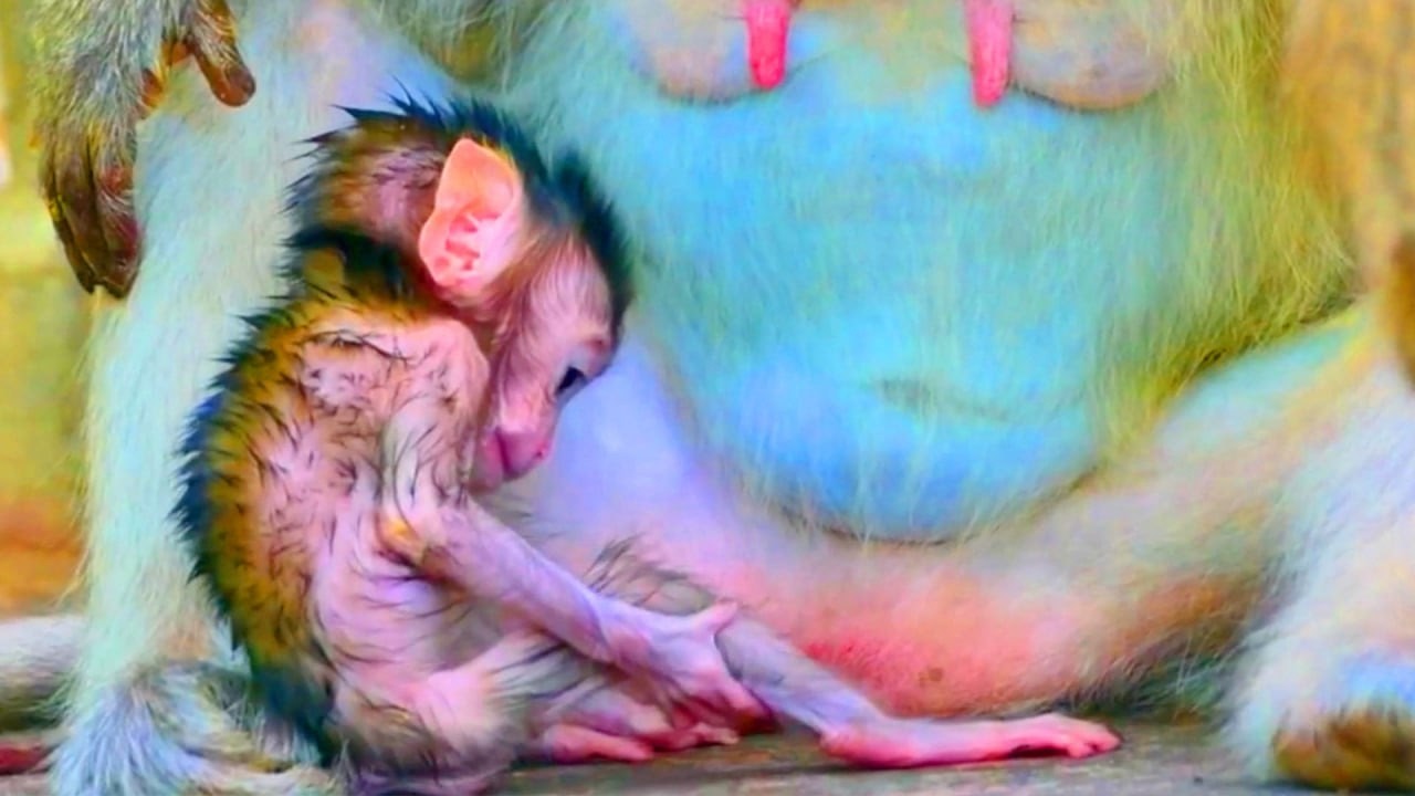 Born So Skinny....Looking So Pity.! The Slow Growing Monkey BB Almost Sitting Fall Down And No Power