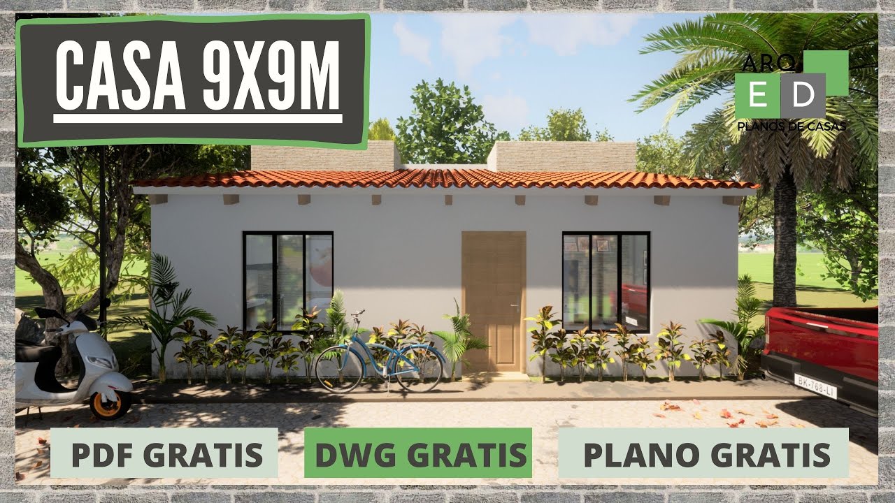 PLANO DE CASA PEQUEÑA 9X9 METROS - 1 PISO -  🏡🔴 con 2 dormitorios  ✅ PDF + DWG