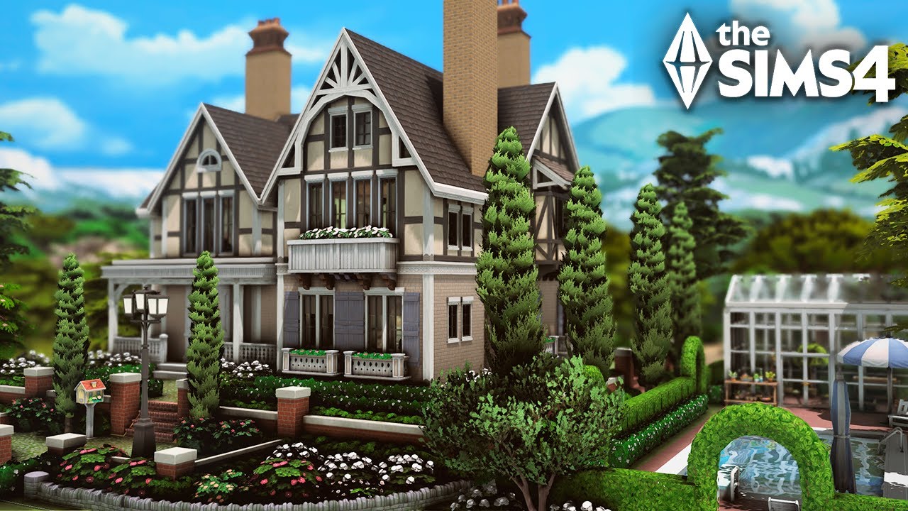 CASA ESTILO TUDOR COM PISCINA E ESTUFA (NO CC) - The Sims 4 Speed Build