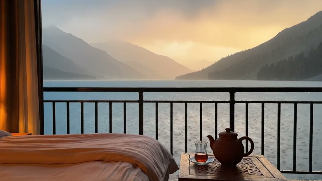 Rainy Evening on Lake Mountain Balcony 🌧️ Cozy Bed & Tea Ambience | Relaxing ASMR Rain for Sleep