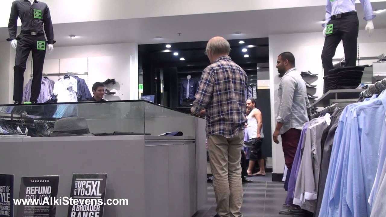 Alki Stevens As Old Man Shopping For Shirt