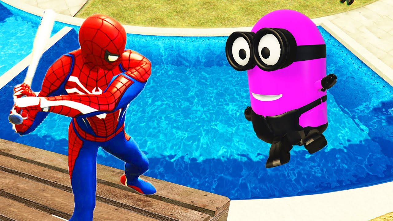 Spiderman & Rainbow Minion Team Pool Parkour in GTA 5 (Compilation)