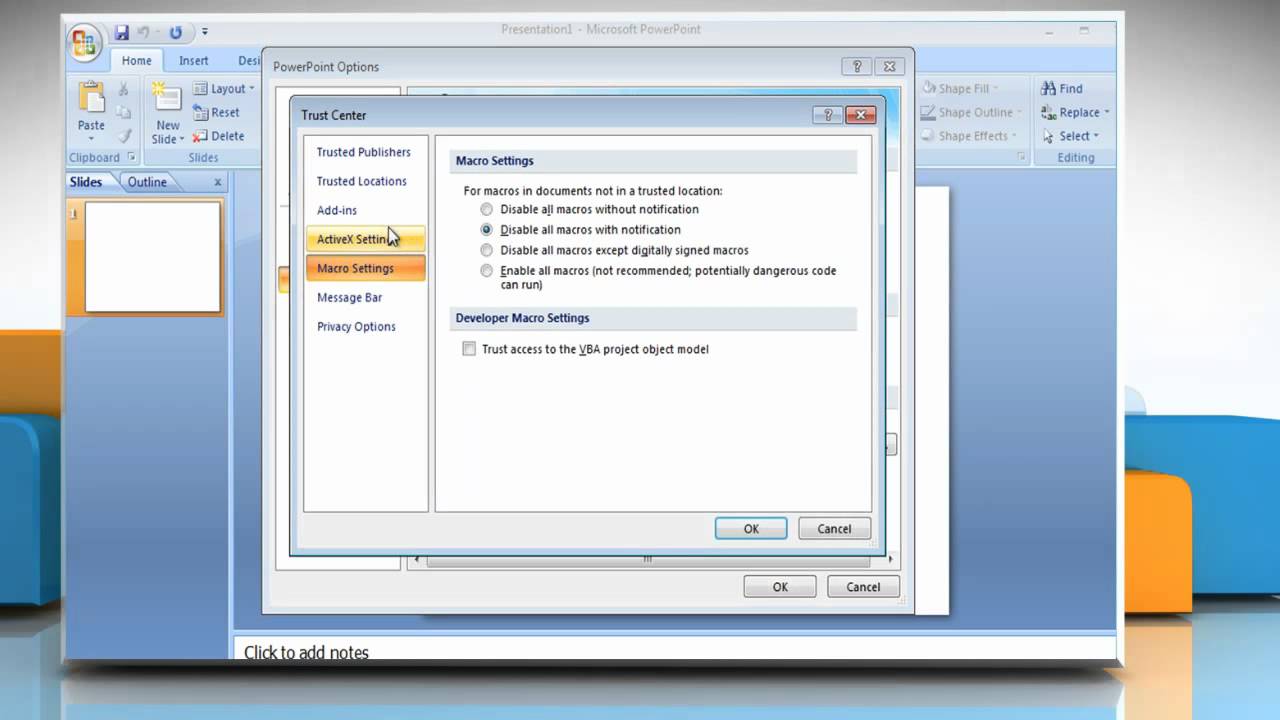 Microsoft&reg; PowerPoint 2007: View or change add-in security settings on Windows&reg; 7