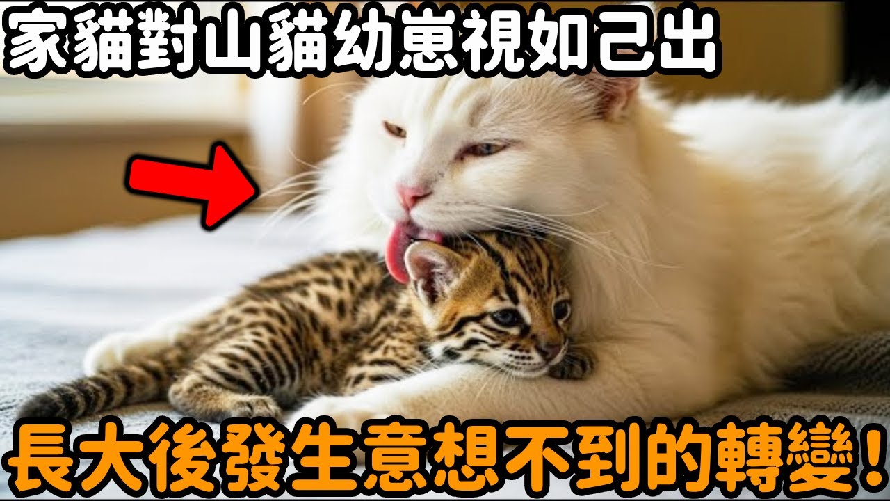 家貓誤以為孤兒山貓是自己的孩子，每天一起吃飯、睡覺、舔毛。不料牠長大後竟發生了意想不到的轉變！#貓咪 #山貓 #哺育 #動物 #動物故事 #母愛 #震驚 #改變 #動物故事 #真實故事 #心靈飼養員