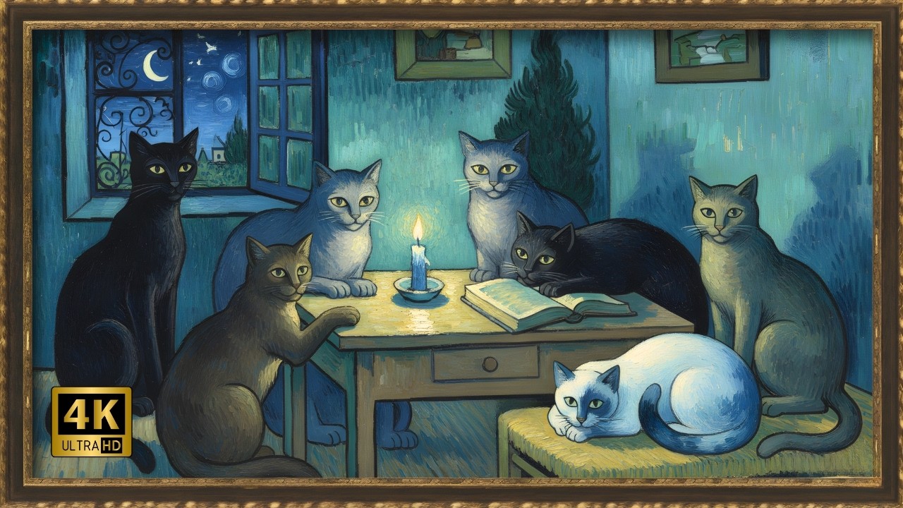 The Midnight Cats: VAN GOGH Blue Period | 1 HOUR Silent Art in 4K 🕯️🐾