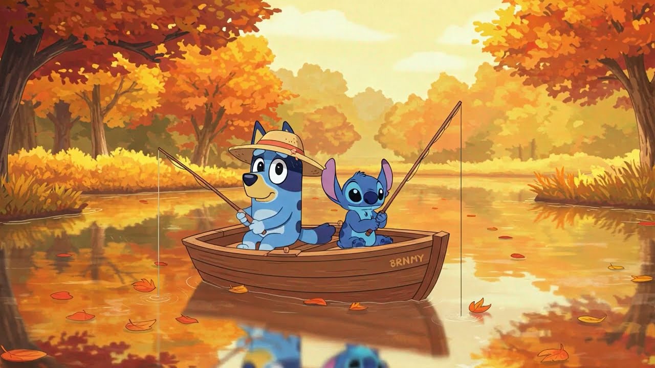 Stitch & Bluey Autumn River Fishing 🎣 Calm Lofi Study Work Relax 🍂 Peaceful Autumn Day Music