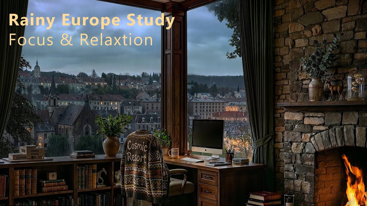 Cozy Rainy European Village Study Room 🌧️ Fireplace Ambience for Focus & Relaxation