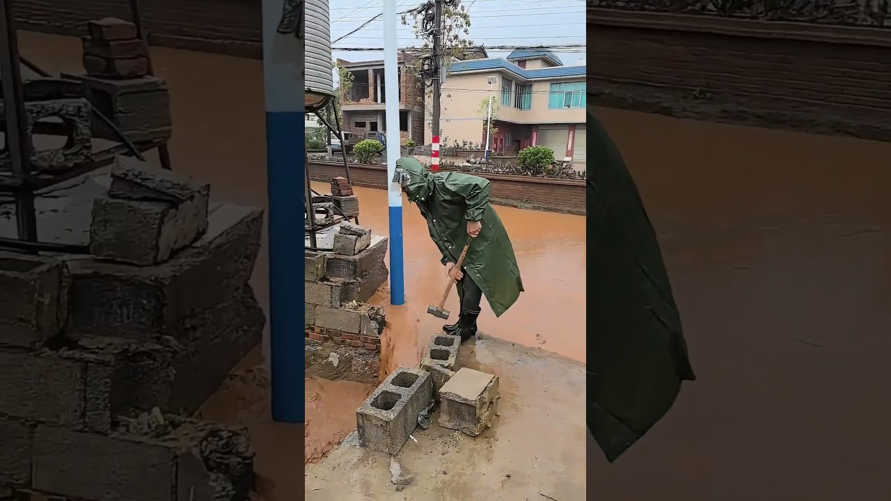 Remove Bricks To Release The Rainstorm Waterlogging On Rural Road !