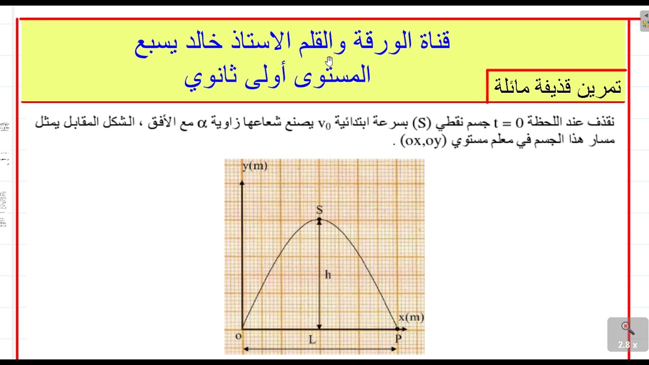 السنة الأولى ثانوي جذع مشترك حل تمرين في الحركة المنحنية القذيفة المائلة مع الاستاذ خالد يسبع