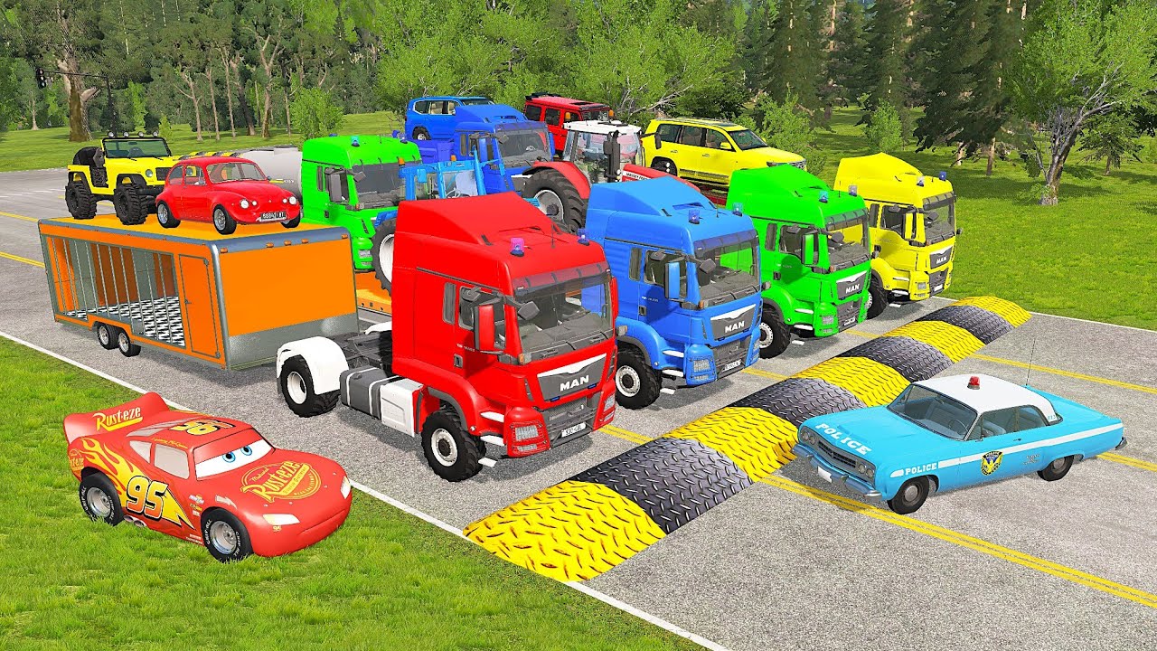 Flatbed Truck Mcqueen | Transportation with Truck - Pothole vs Car #10 - BeamNG.Drive