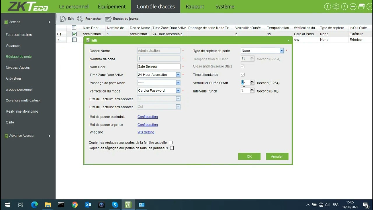 Installation & Paramétrage ZK Access 3.5 - Réglage de portes