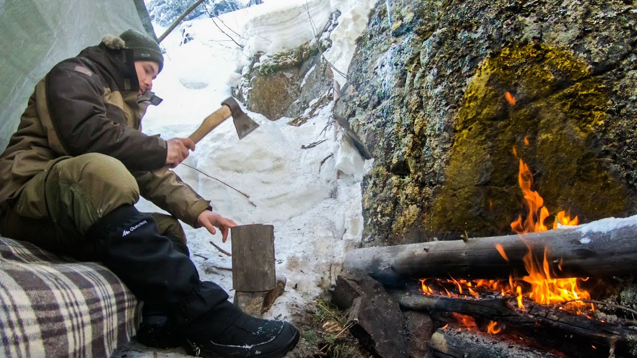 SHELTER in SNOW under a ROCK - Solo OVERNIGHT in the winter forest in the mountains