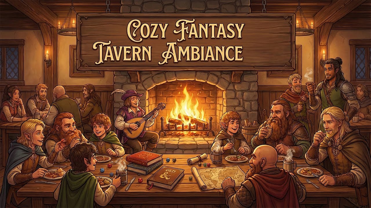 Cozy Fantasy Tavern Ambiance | Warm Fireplace, Lute Music & Merry Chatter | For Study, Sleep, D&D