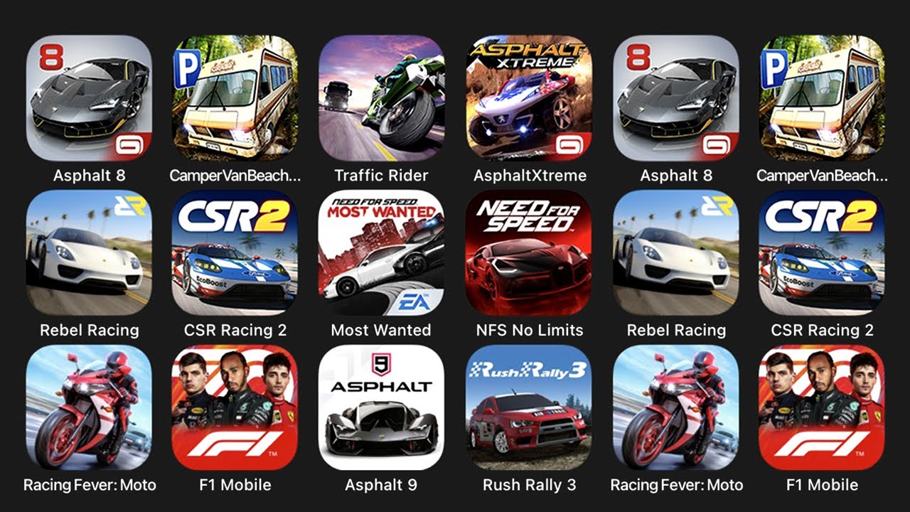 Asphalt 8, Camper Van Beach, Traffic Rider, Asphalt Xtreme, Rebel Racing, CSR Racing 2, Most Wanted