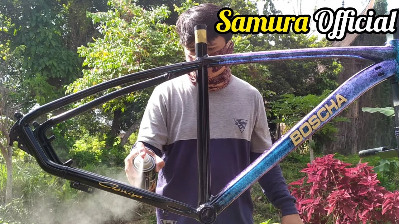 proses pengecatan frame sepeda MTB Genio motif marble bunglon blue violet/painting frame MTB
