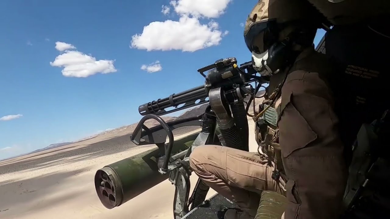 M134 Minigun firing from Helicopter during Training Exercise