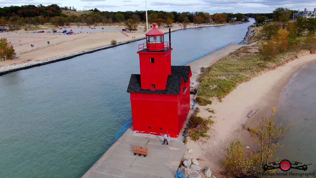 Stunning Fall Colors Holland, Michigan's Big Red Lighthouse Drone Footage Music 4K Must See
