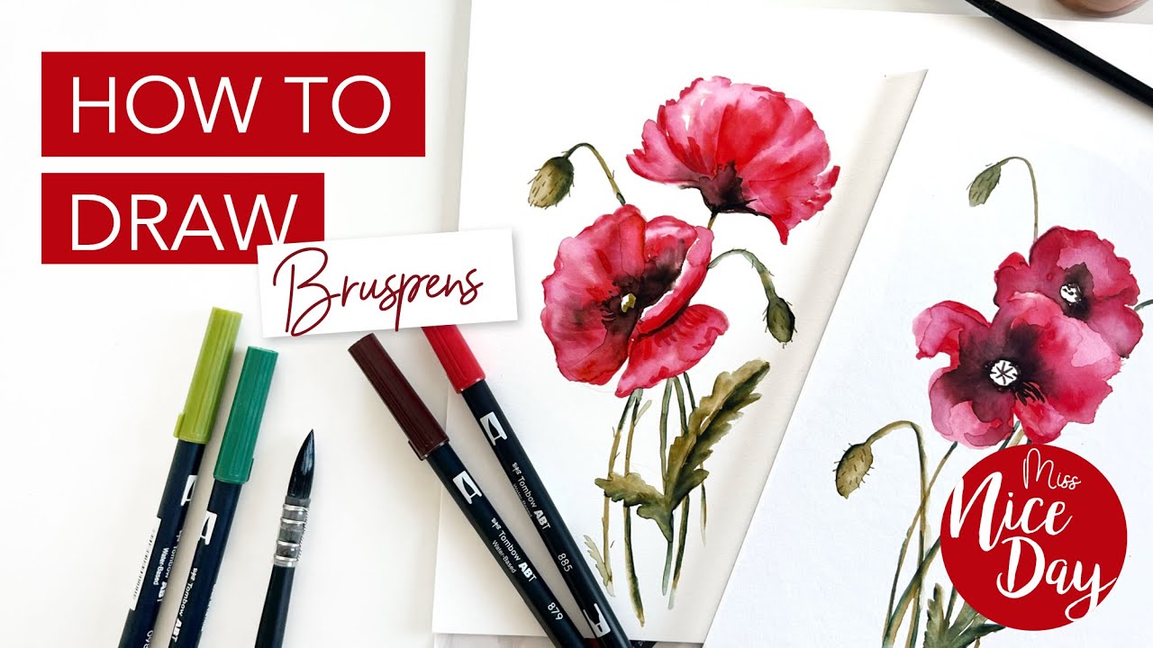 Aquarell Mohnblumen mit Brushpens