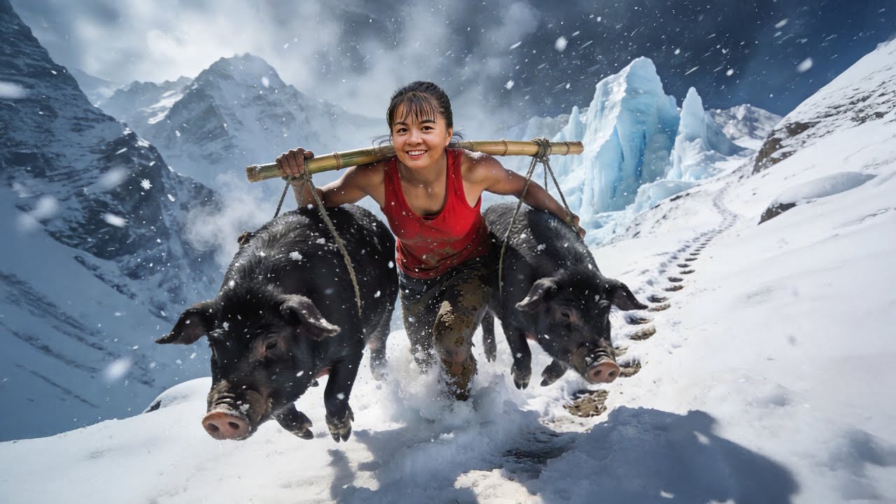Desafiando la tormenta de nieve, una mujer carga dos cerdos negros gigantes hasta el mercado ❄️🥶🔥🐖