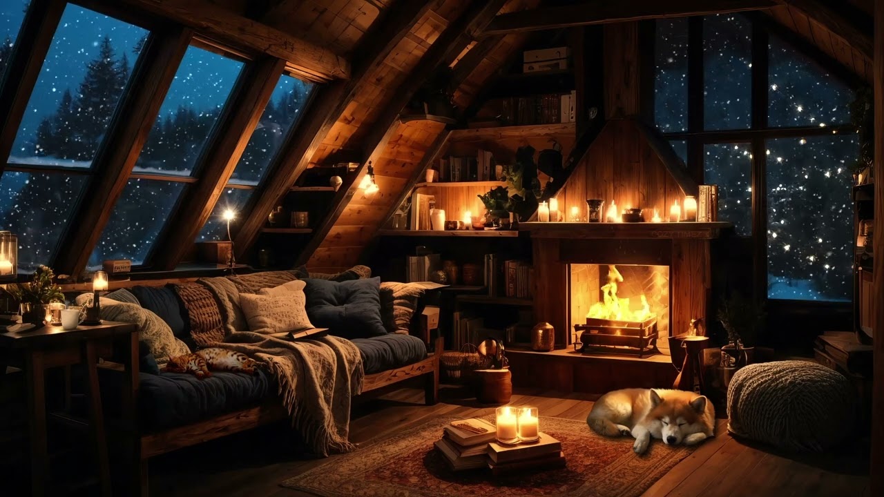 Gentle Snowstorm and Crackling Fireplace in a Cozy Wooden House - Winter Ambience