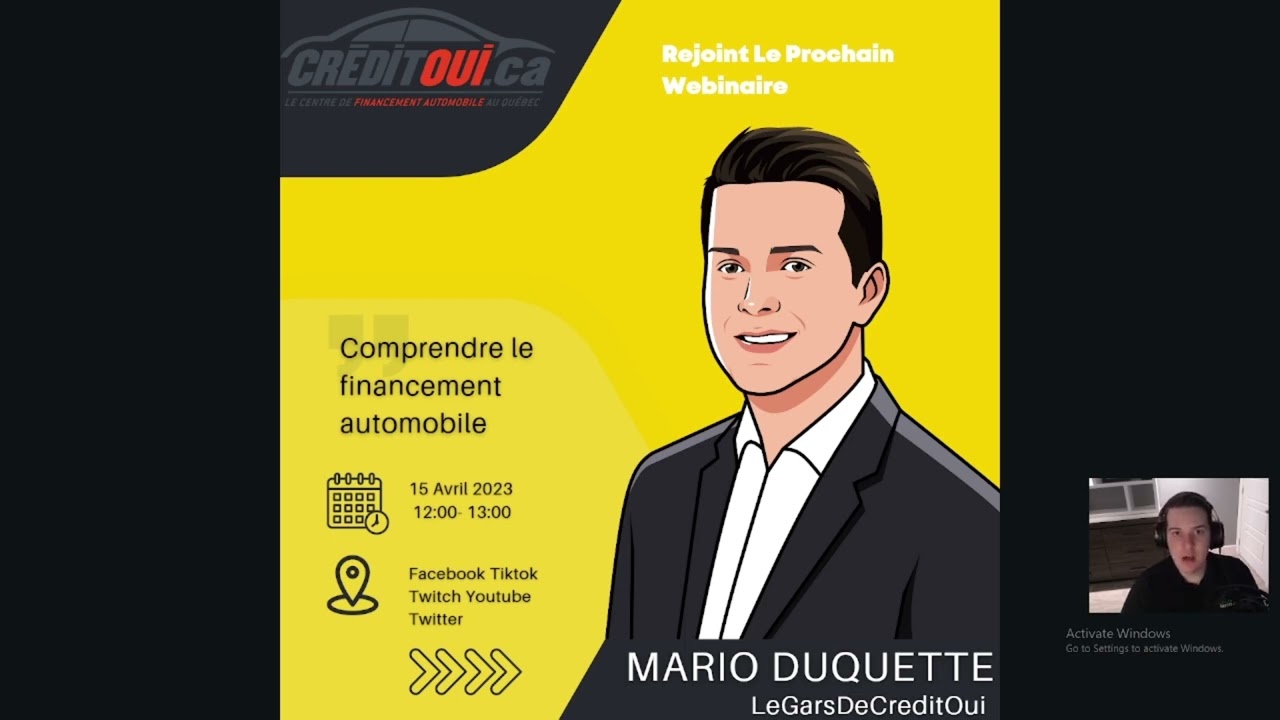 Ceci est une invitation au prochain webinaire du GarsDeCreditOui Mario Jr Duquette