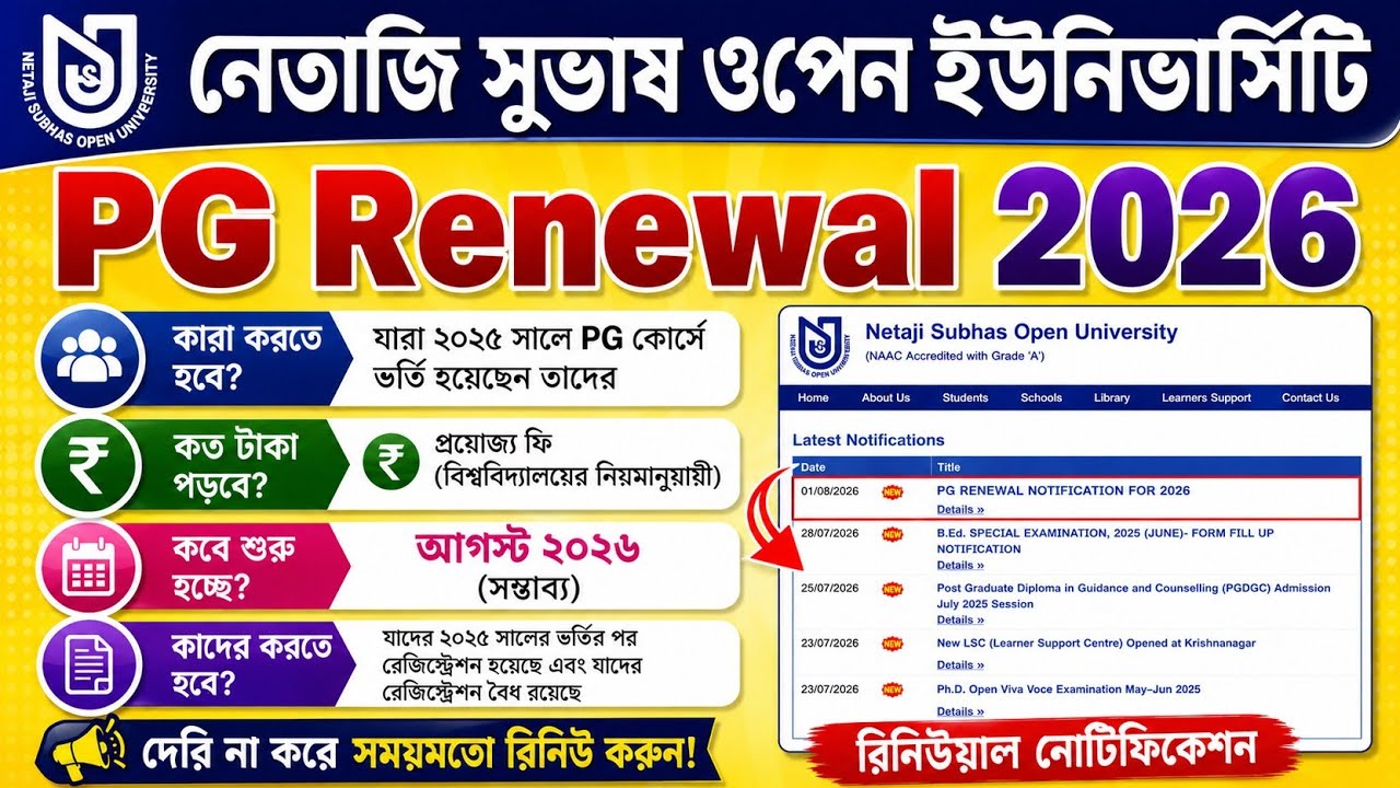 NSOU PG Renewal 2026 | কারা রিনিউয়াল করবে? কত টাকা লাগবে? কবে শুরু হবে? সম্পূর্ণ তথ্য