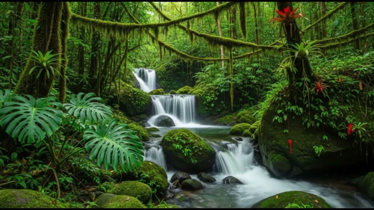 Listen to the flowing water with beautiful nature and beautiful music.