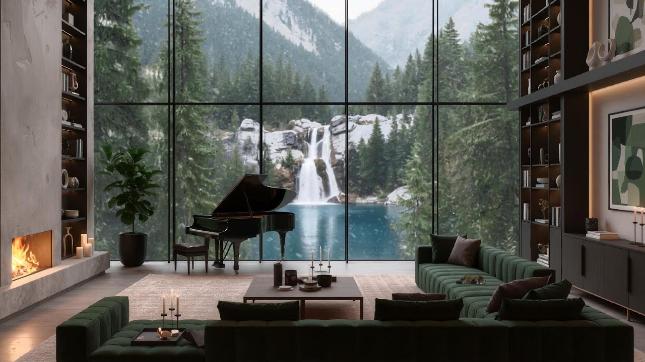Cozy Living Room Nature Sleep Ambience ❄️ Waterfall, Snowfall & Mountain View | Deep Sleep (No Ads)