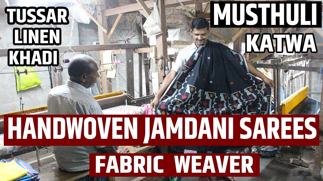 Pure Hand Woven Handloom Tussar Silk, Linen, Khadi, Cotton Saree Weaver in Musthuli, Purba Bardhaman
