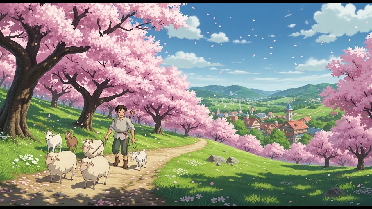Uma Manhã Tranquila no Jardim da Colina e a Rotina Lenta na Vila | Estilo Ghibli