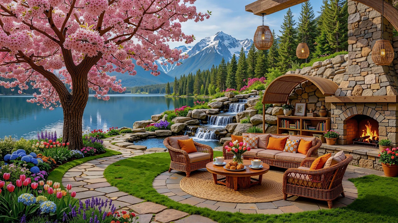 Relaxing Smooth Jazz Music for Women’s Day 🌸 Cozy Spring Lakeside Garden Café Ambience