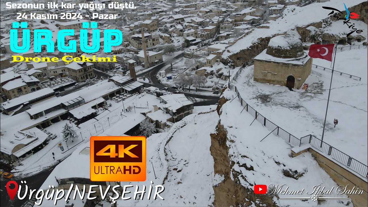 Ürgüp'e mevsimin ilk kar yağışı düştü. Ürgüp Meydan ve Temenni Tepesi - 4K Dron Çekimi / 24.11.24
