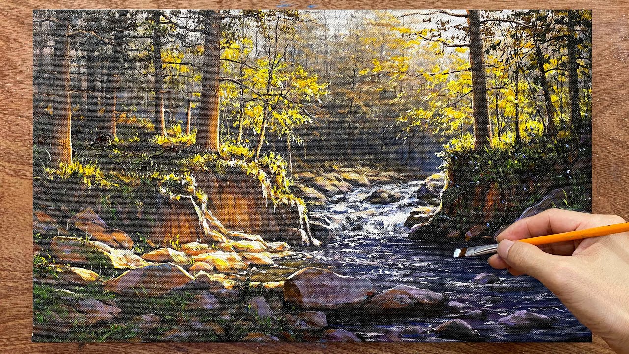 How to draw landscape painting #09 - Stream in the forest / Acrylic landscape painting / A Lu Art.